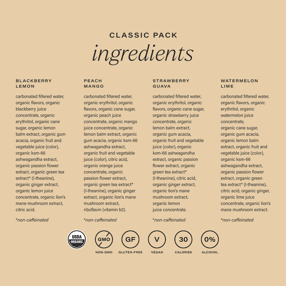 Classic Pack ingredient label showing four flavors: blackberry lemon, peach mango, strawberry guava, and watermelon lime with