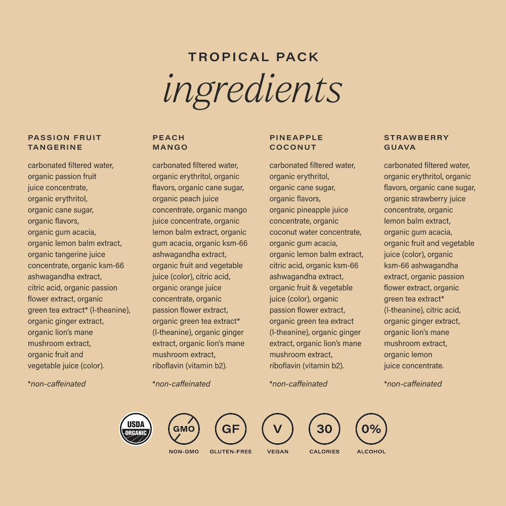 Tropical Pack ingredients list showing four flavors: Passion Fruit Tangerine, Peach Mango, Pineapple Coconut, and Strawberry 
