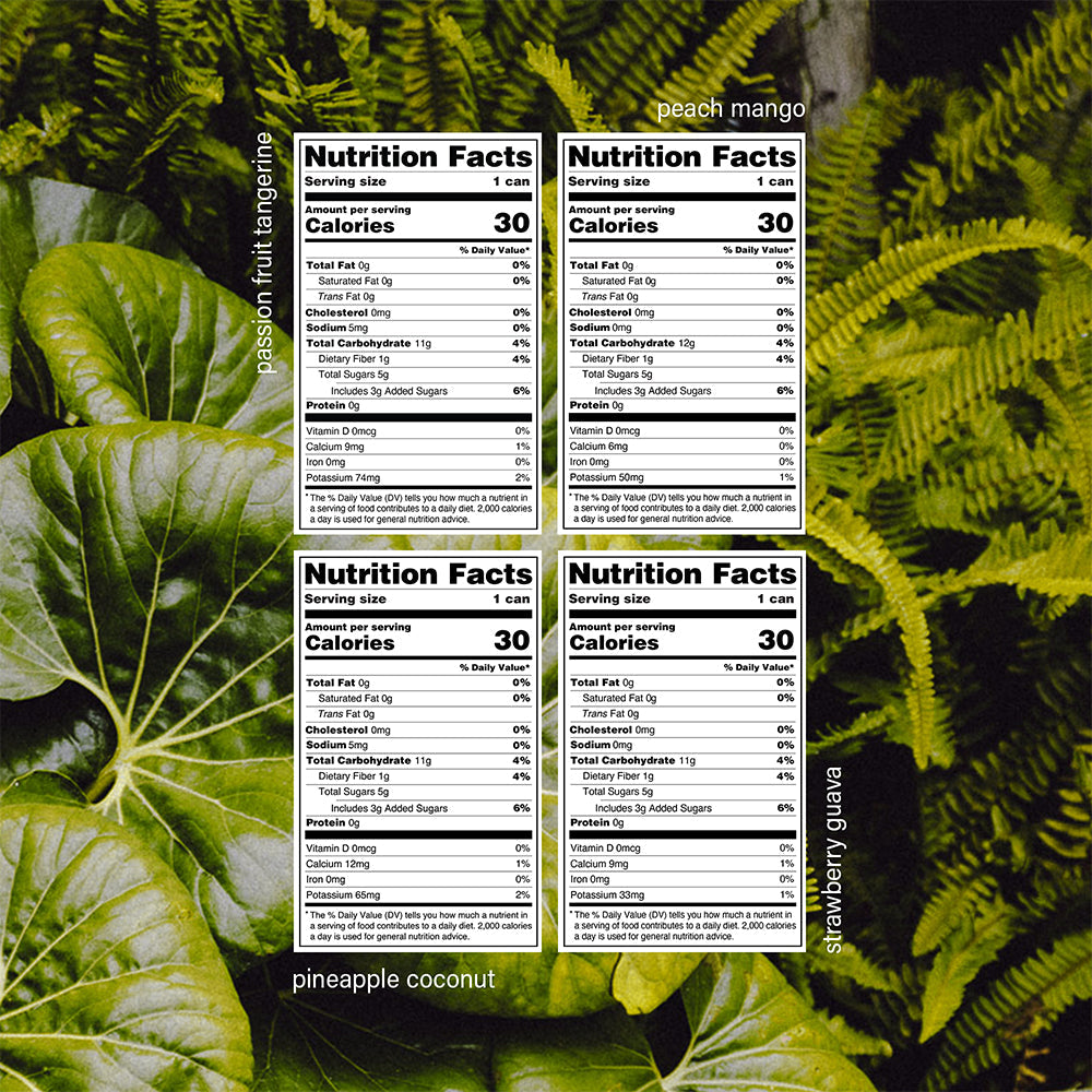 Four nutrition fact labels for peach mango, passion fruit engine, pineapple coconut, and cranberry guava flavors displayed ov
