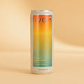 Tall aluminum can with gradient label transitioning from orange to yellow to green, labeled "hiyo watermelon lime social toni