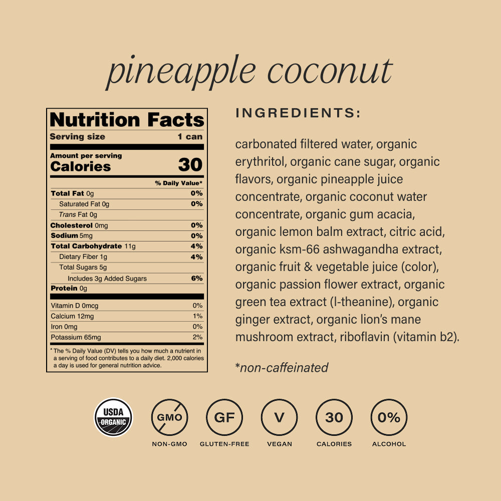 Nutrition facts and ingredients list for pineapple coconut non-alcoholic functional seltzer hiyo on a beige background