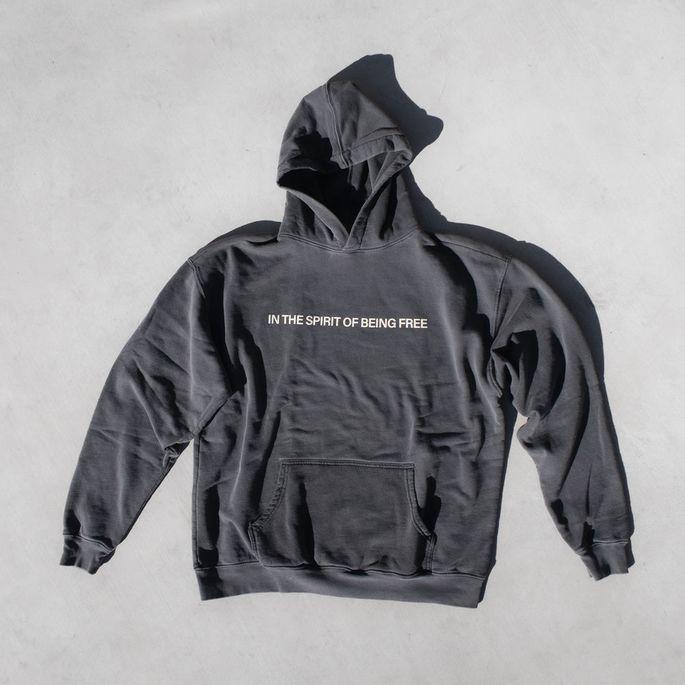 Charcoal gray hoodie with white text reading "IN THE SPIRIT OF BEING FREE" on the chest and front pocket.