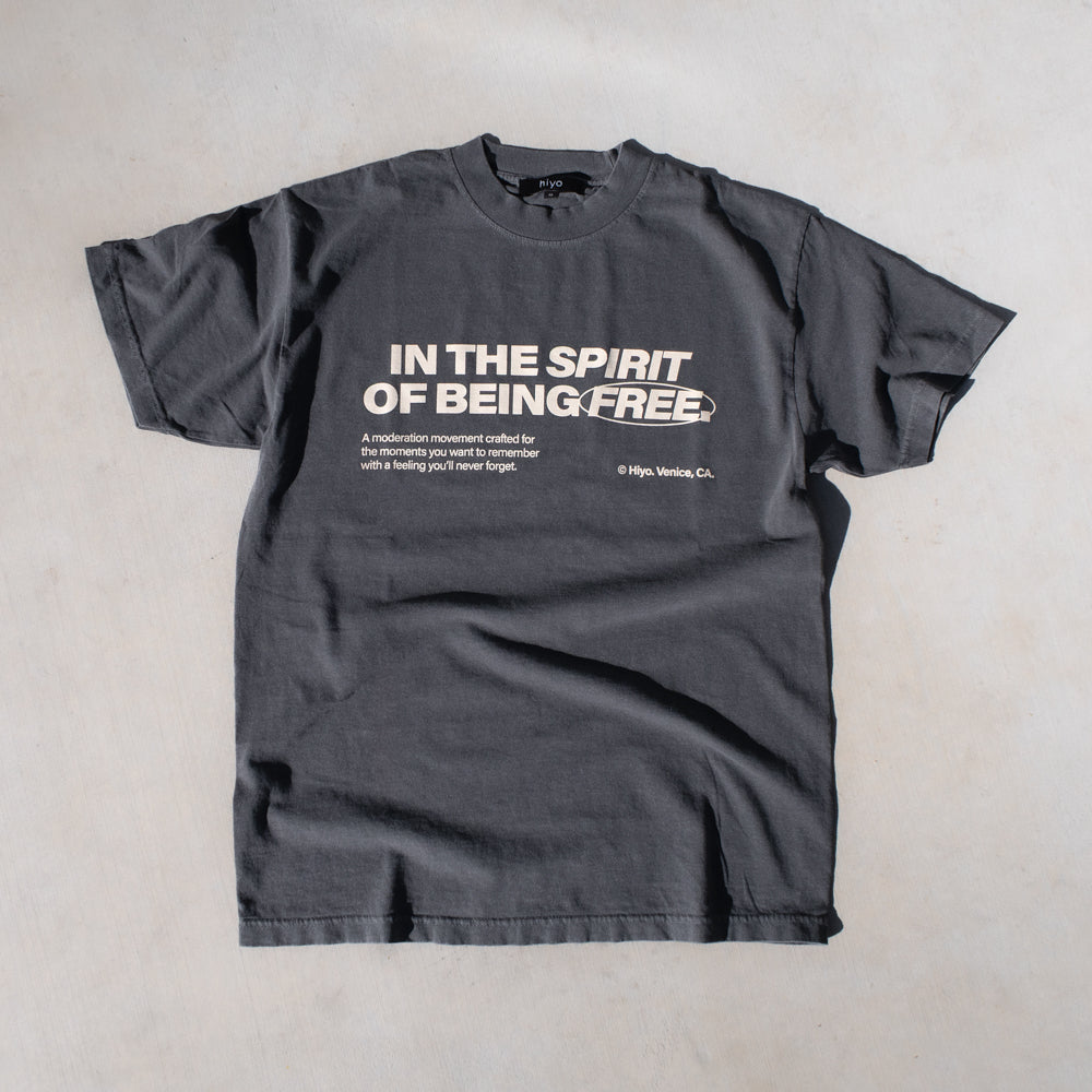 Charcoal gray t-shirt with white text reading "In The Spirit Of Being Free" and descriptive text on chest.