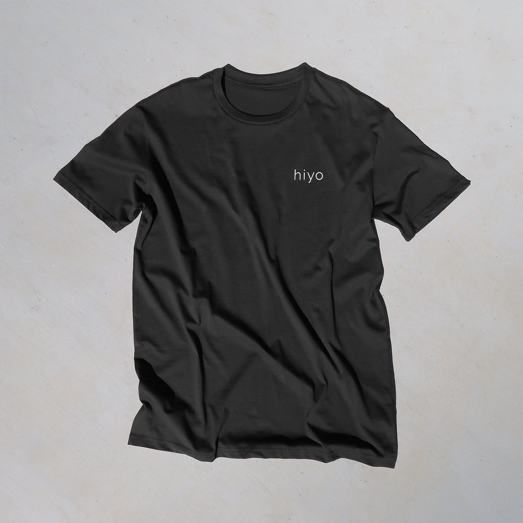 a charcoal t-shirt with the hiyo logo printed in white on the front left chest.