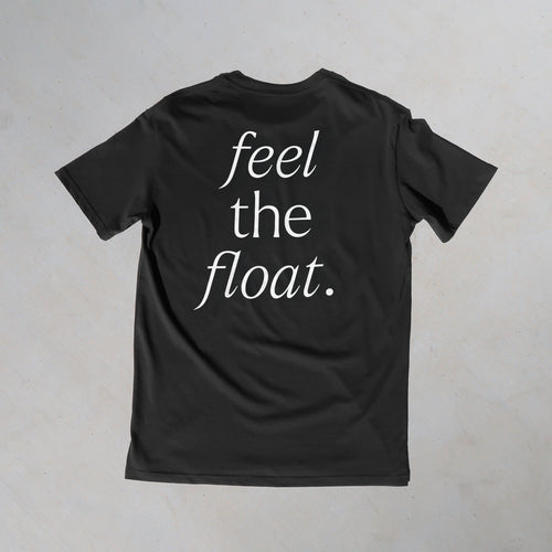 a charcoal t-shirt with 'feel the float' printed in white across the back.
