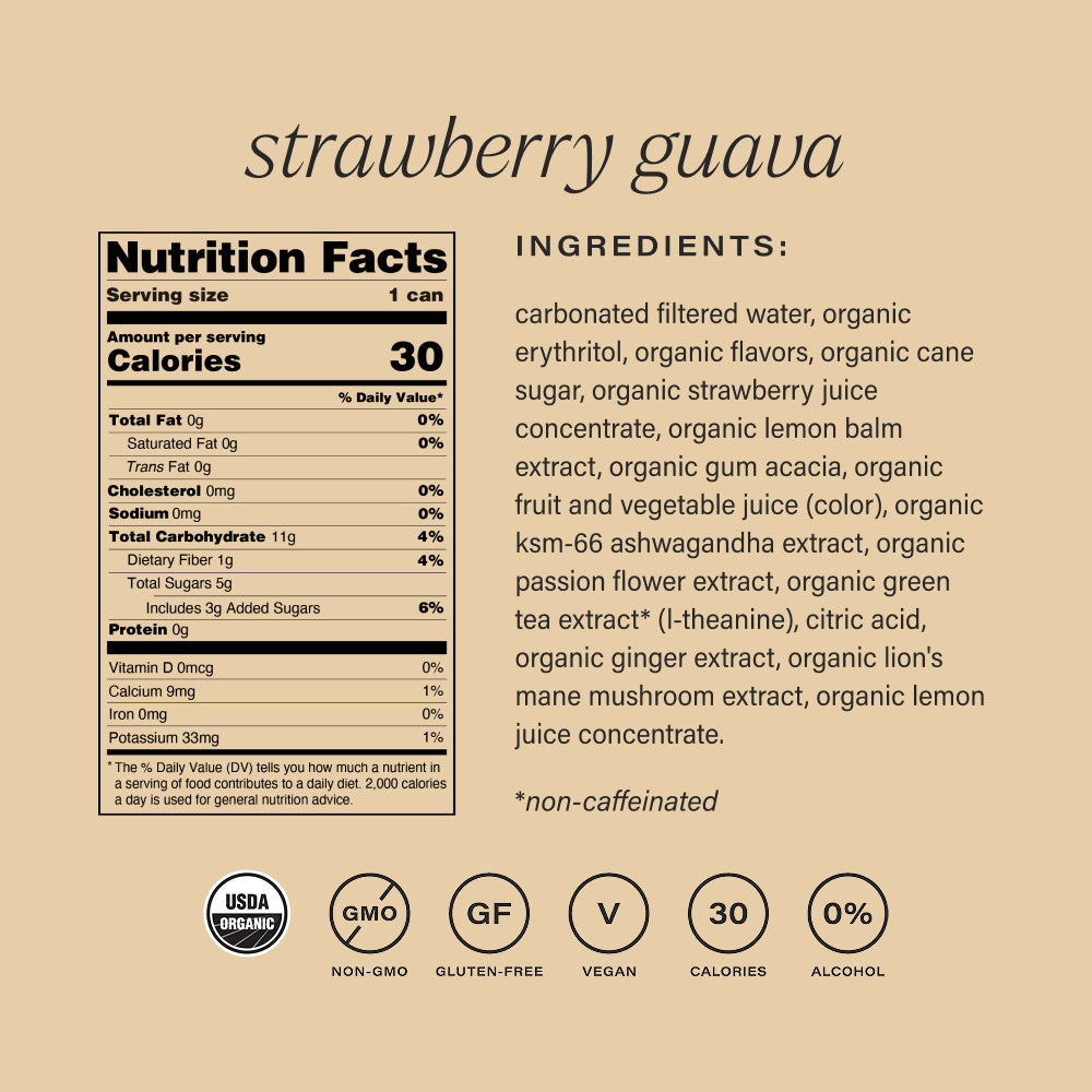 Nutrition facts and ingredients list for strawberry guava non-alcoholic functional seltzer hiyo on a beige background