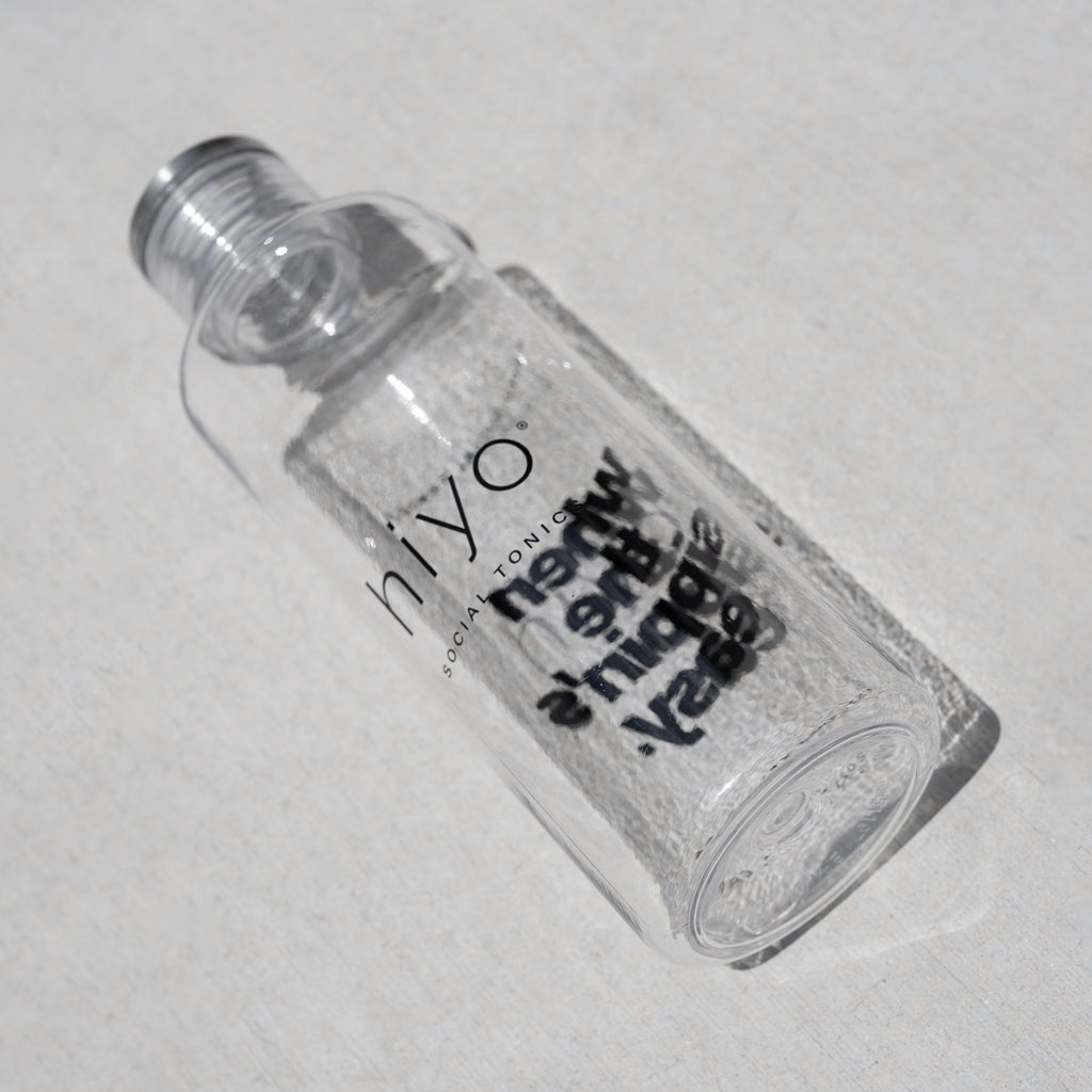 Clear plastic water bottle with "SIYO" branding and screw-on cap angled on white surface.